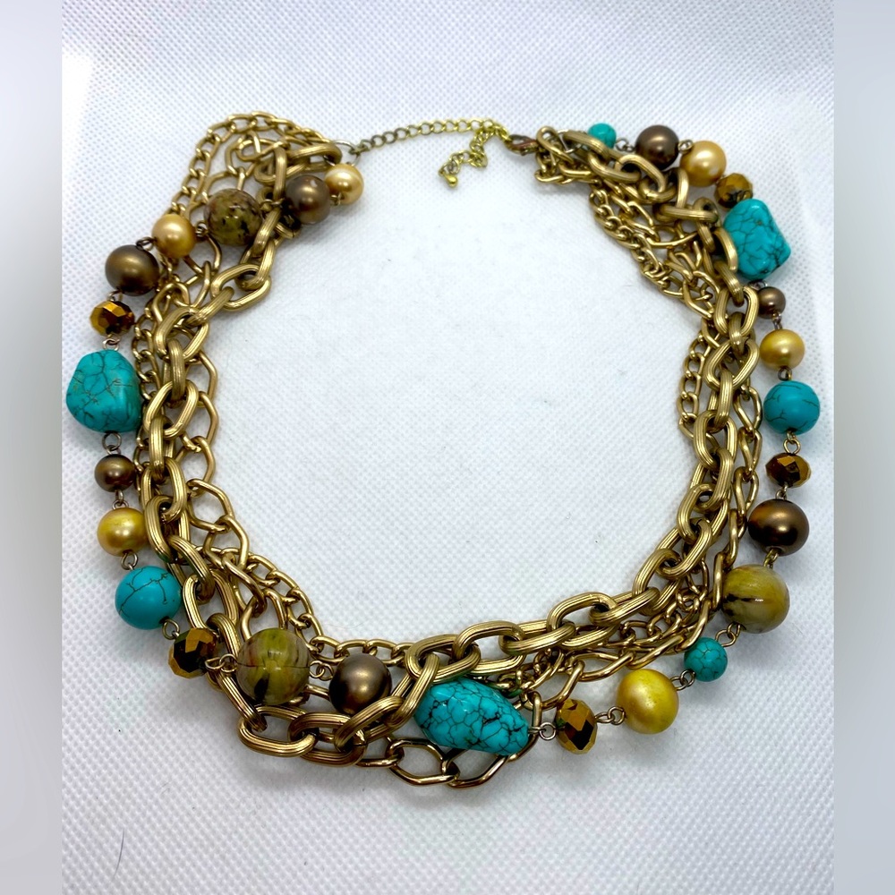 Vintage Bohemian Turquoise, Stone, Metal Bead and Chain Necklace, 20-22”